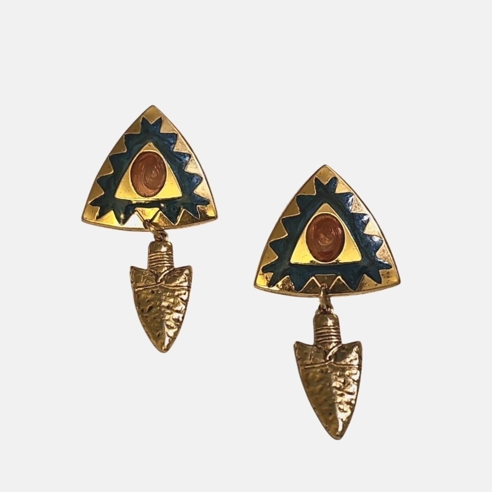 Gold and Blue Tribal Inspired Egyptian Style Pierced Earrings